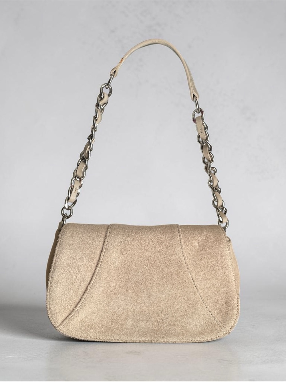 Ann Taylor Loft Handbag Beige Suede Shoulder Bag with Chain Strap